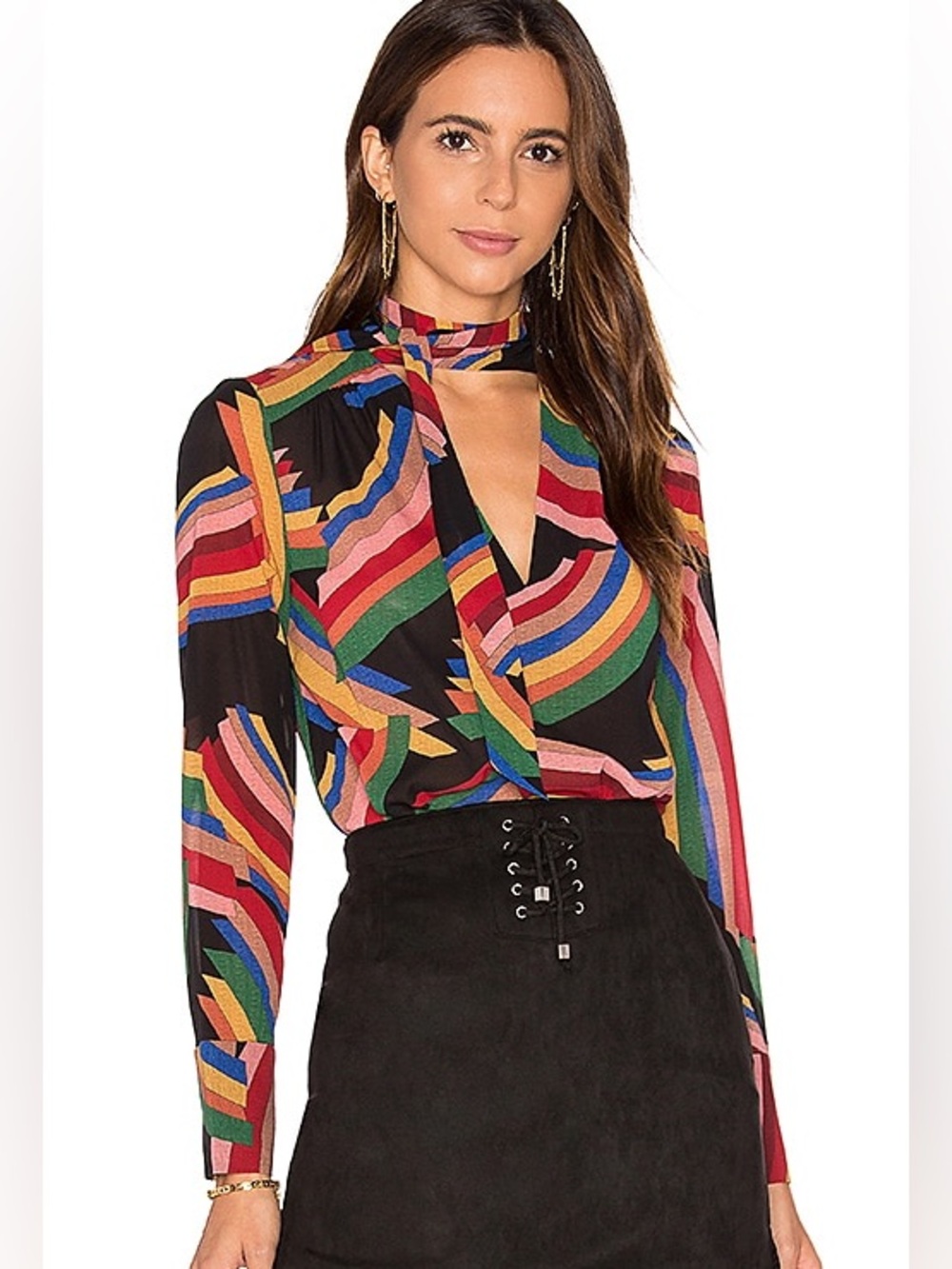 Alice and Olivia Aisha silk blend stripe tie neck top